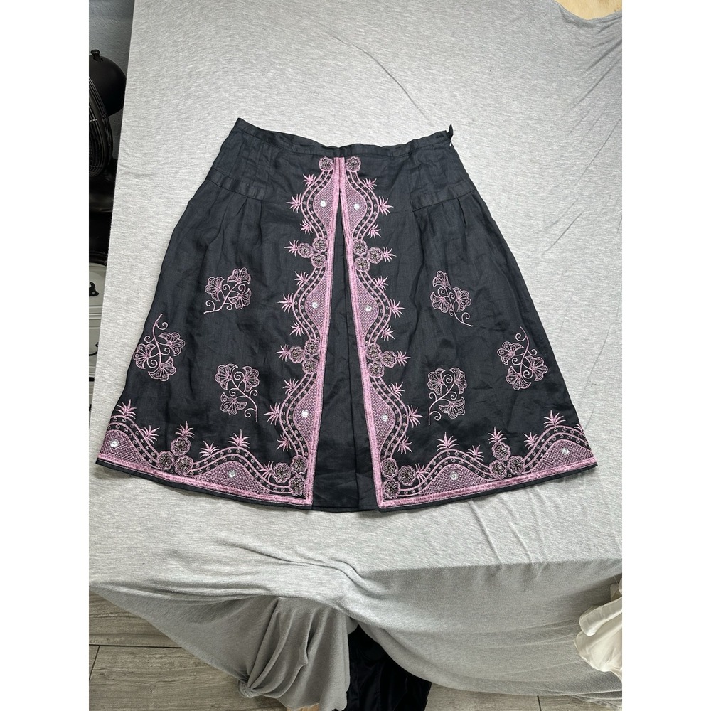 Ann Carson‎ Women's Black/Pink Linen Embellished Embroidered A-Line Skirt 10